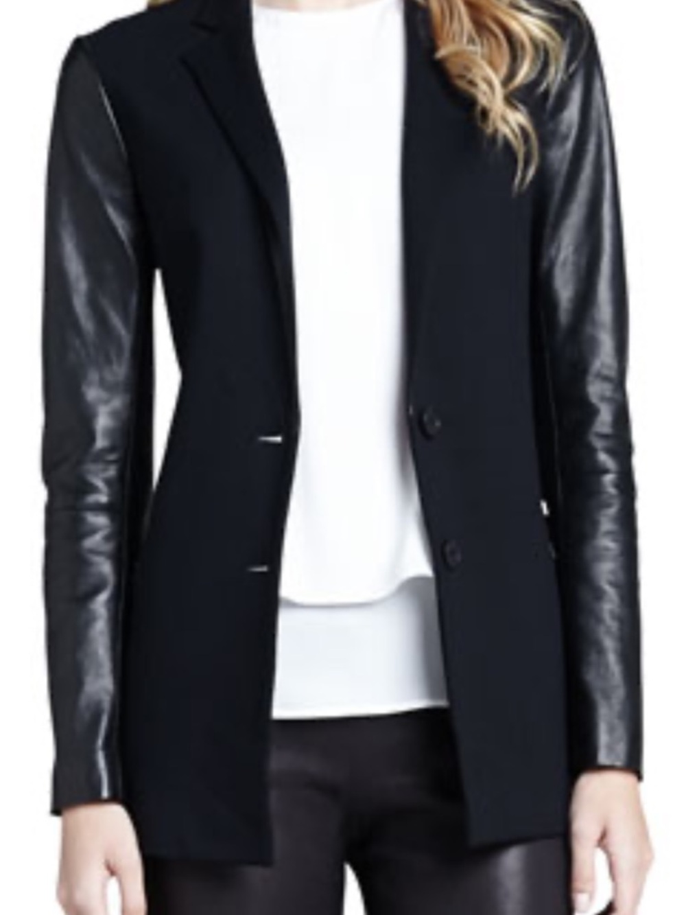 Theory Black Mixed-Media Blazer with Leather Sleeves